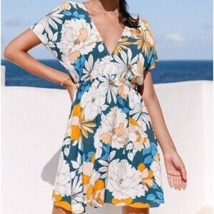 NWT Floral Print Bathing Suit Coverup Mini Dress Size XS Blue White Yellow